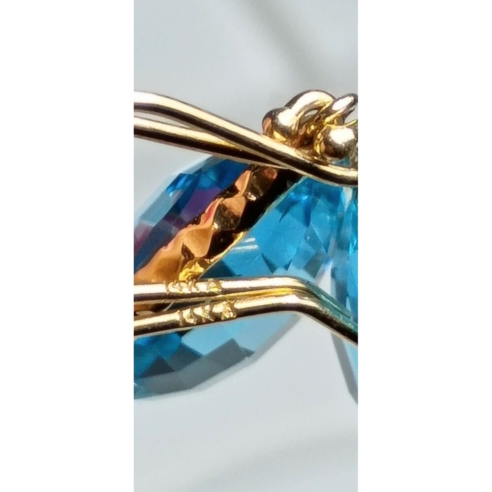 14K Yellow Gold Swiss Blue Topaz Drop Dangle French Wire Earrings - Picture 3 of 12